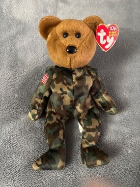 Ty Beanie Baby HERO Bear USA Military Camo with American Flag on Arm 2003